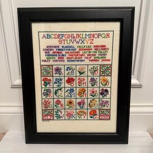 Large Framed Botanical Floral Alphabet Cross-Stitch Art in Black Frame